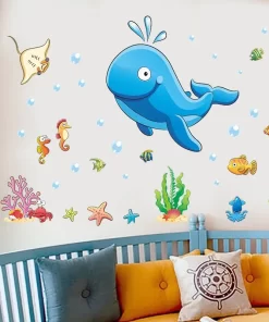Blue Whale Aquatic Bathroom Wall Stickers | Bathroom Whale Decal | Blue Whale Wall Sticker Wall Decor | Watercolour Blue Whale Wall Mural