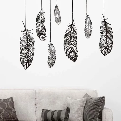 Black Boho Feather PVC Wall Stickers | Black Boho Wall Stickers For Bedroom, Bar Kitchen Wall Decor Removable Art