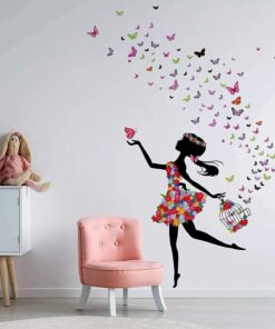Fairy Girl With Birdcage Wall Sticker | Removable Colorful Floral Princess Dancing Birdcage Wall Decor for Kids Girls | Butterflies Birdcage Wall Paper for Kids Rooms Baby Bedroom Decoration
