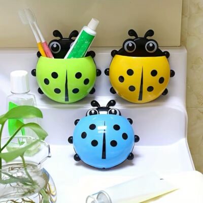 Ladybug Toothbrush Holder with Suction Cups – Glass-Mounted Bathroom Organizer for Kids & Adults, Cute Bathroom Accessory